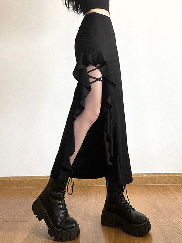 Neo-Oriental Asymmetric Ruffled Midi Skirt