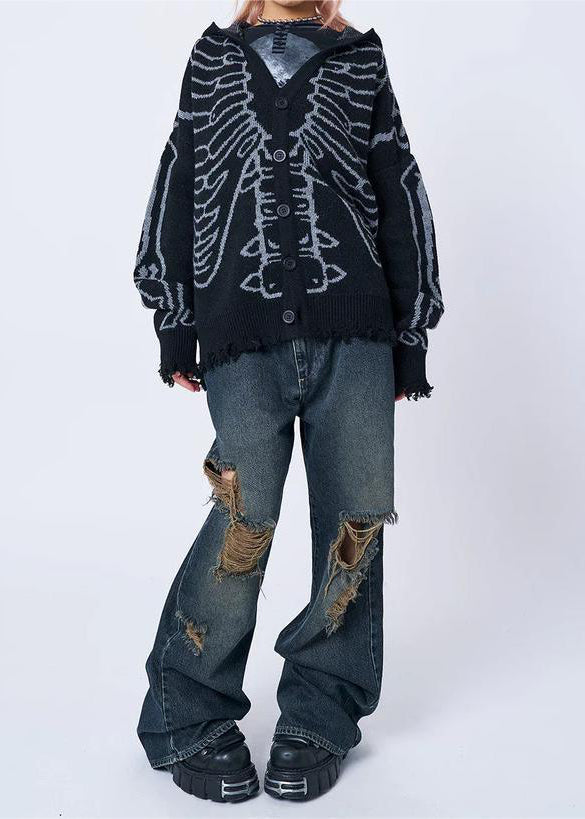 Skull Jacquard Hooded Knitted Cardigan