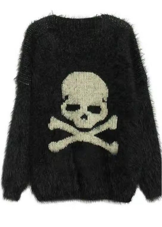 Oversized Fluffy Skull Jacquard Knitted Sweater