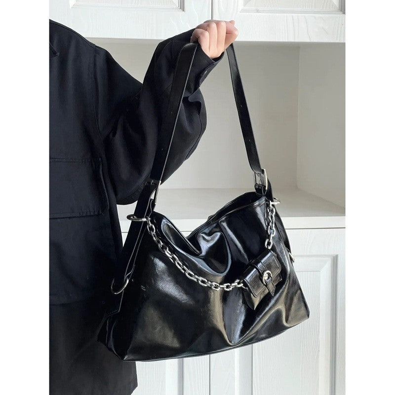 Cyber-Glitch Metallic Tote Bag | Gothic Grunge Shoulder Bag