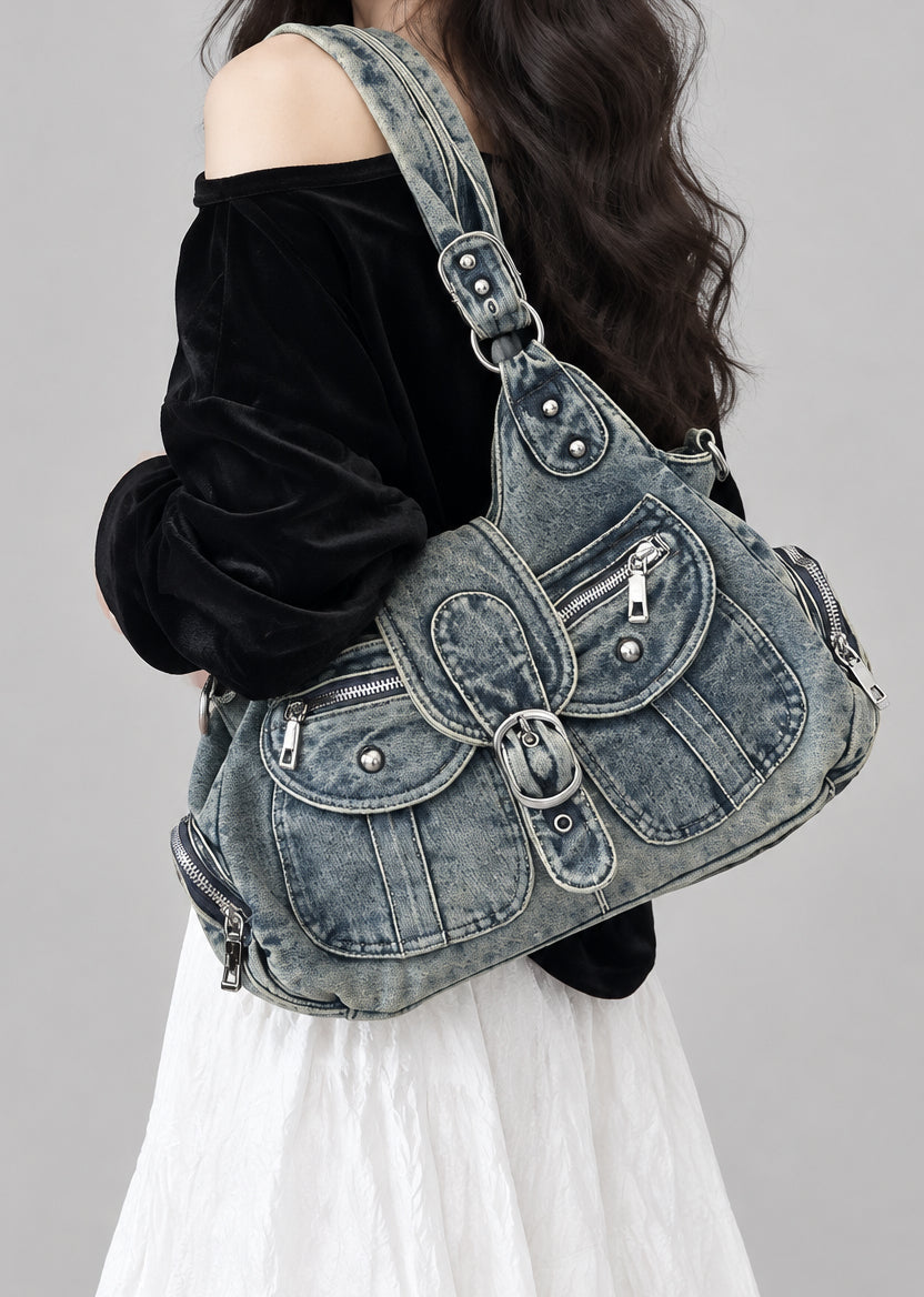 Vintage Denim Multi-Pocket Crossbody Bag