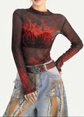 Blood-Red Death Metal Mesh Long Sleeve Top