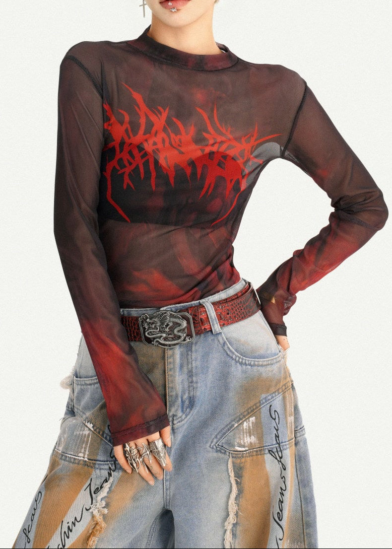 Blood-Red Death Metal Mesh Long Sleeve Top