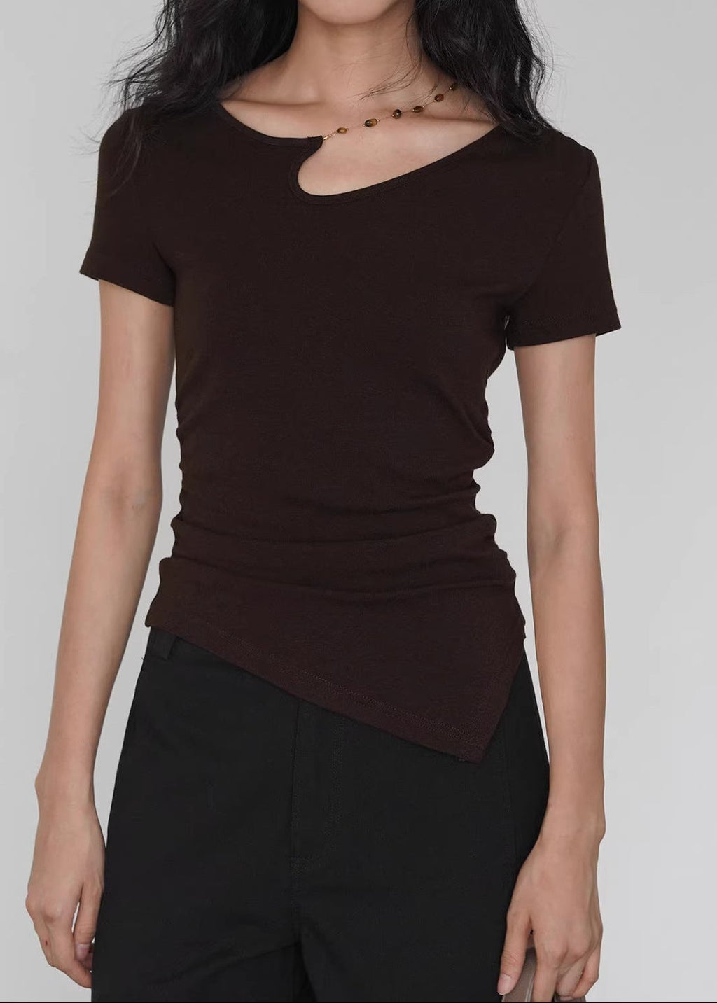 Asymmetric Neckline Knit Top with Detachable Chain