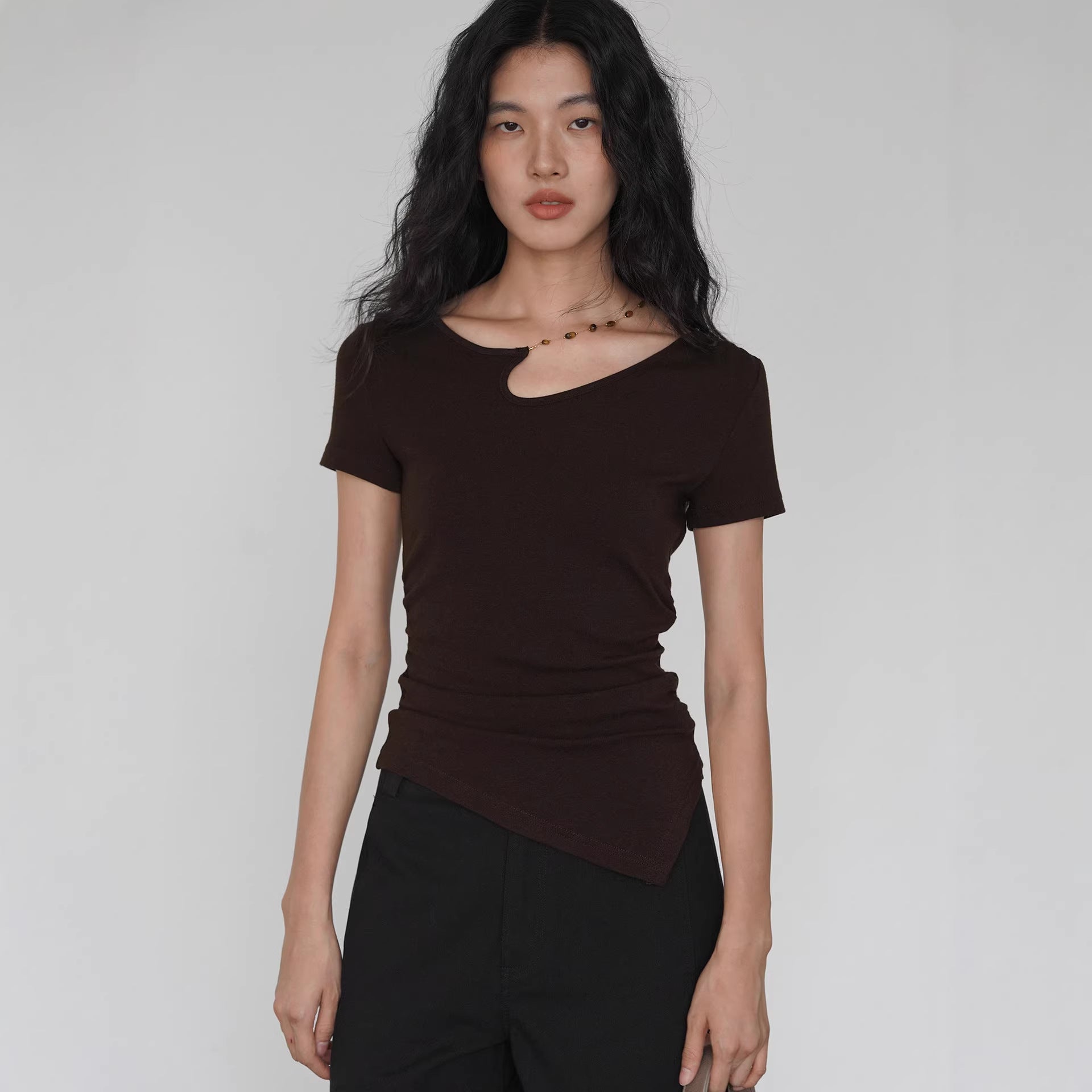 Asymmetric Neckline Knit Top with Detachable Chain