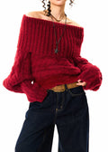 Off-Shoulder Chunky Knit Cropped Sweater