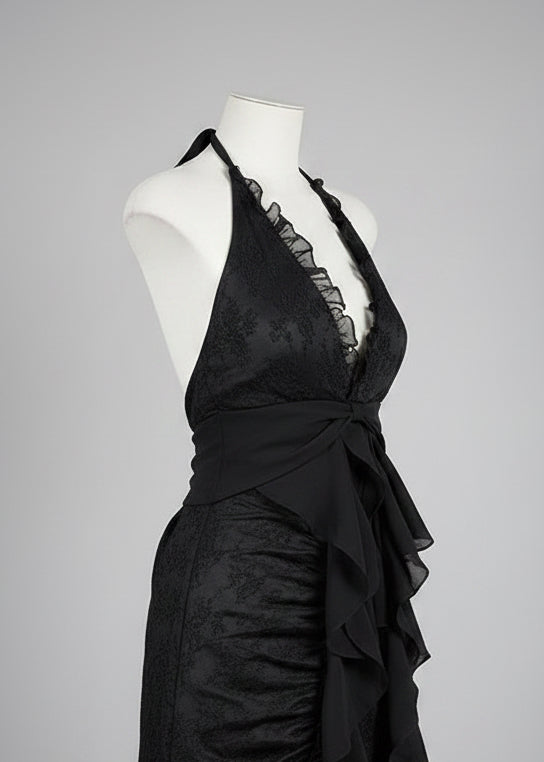 Vintage Halter Lace-Trim Black Maxi Dress