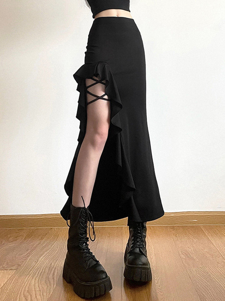 Neo-Oriental Asymmetric Ruffled Midi Skirt