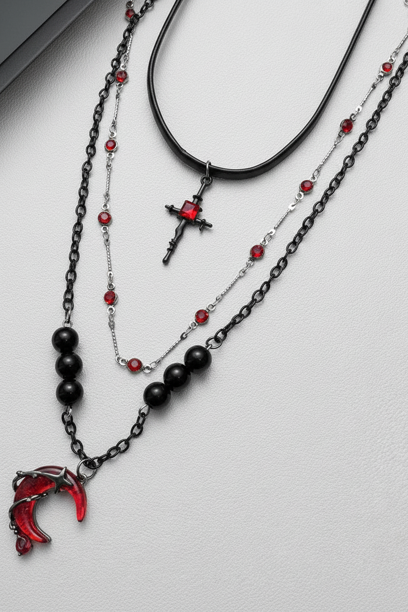 Layered Scarlet Moon & Cross Gothic Necklace