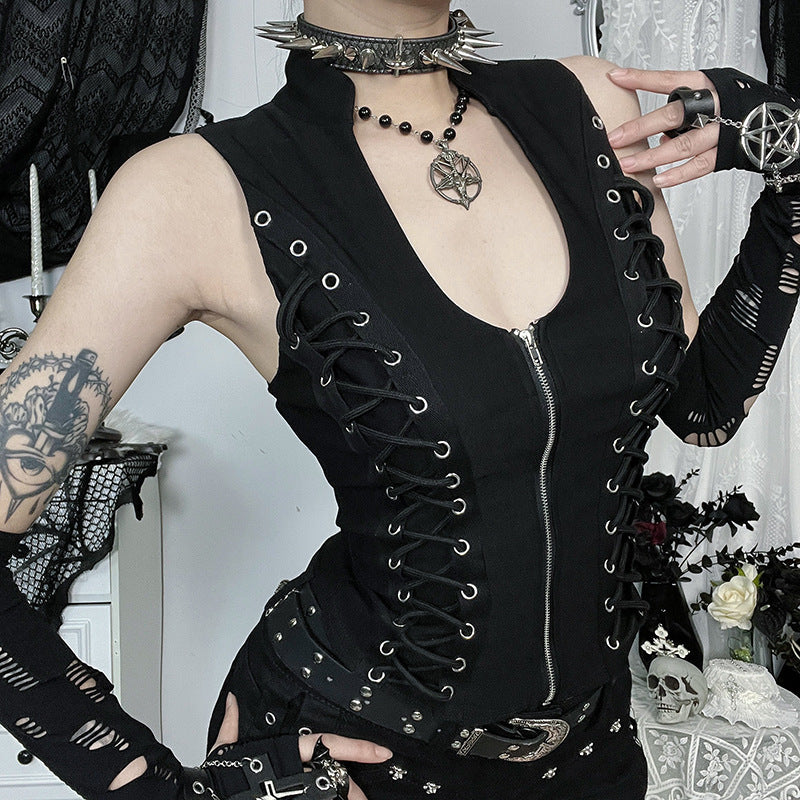 Onyx Cyber-Goth Grommet Zip-Up Tank Top