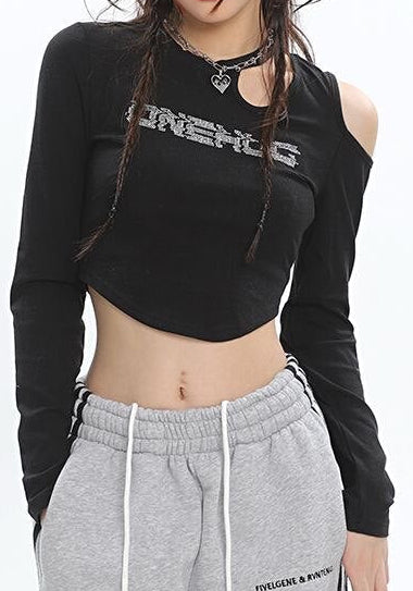Y2K Asymmetric Cut-Out Long Sleeve Crop Top