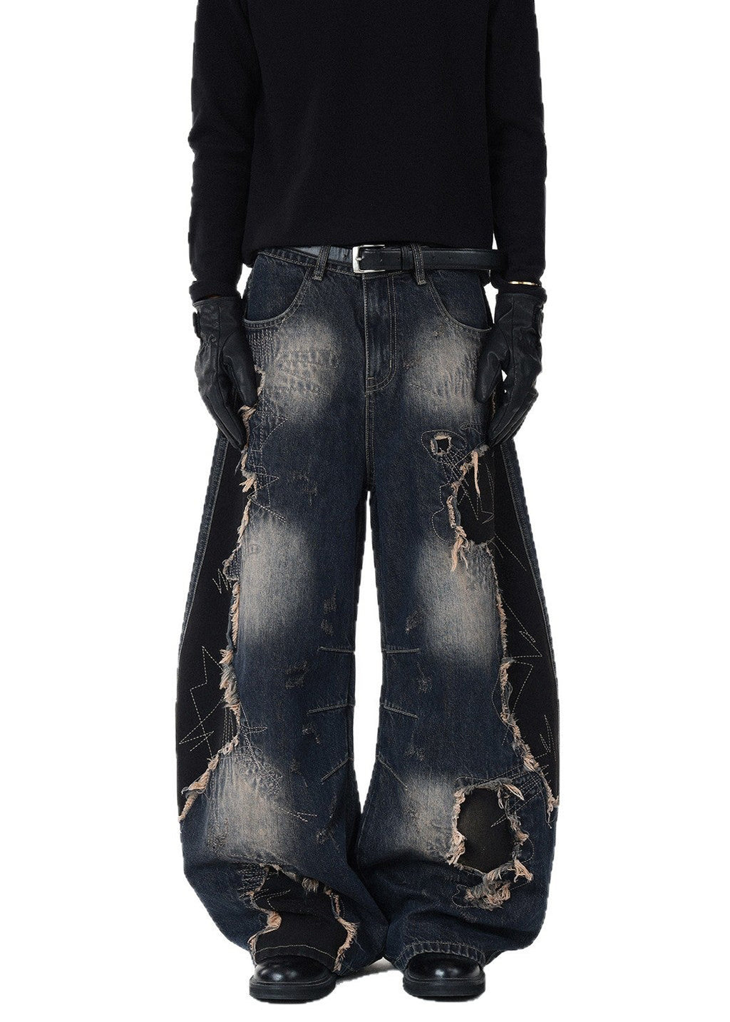 Distressed Raw-Edge Patchwork Curved Wide-Leg Jeans