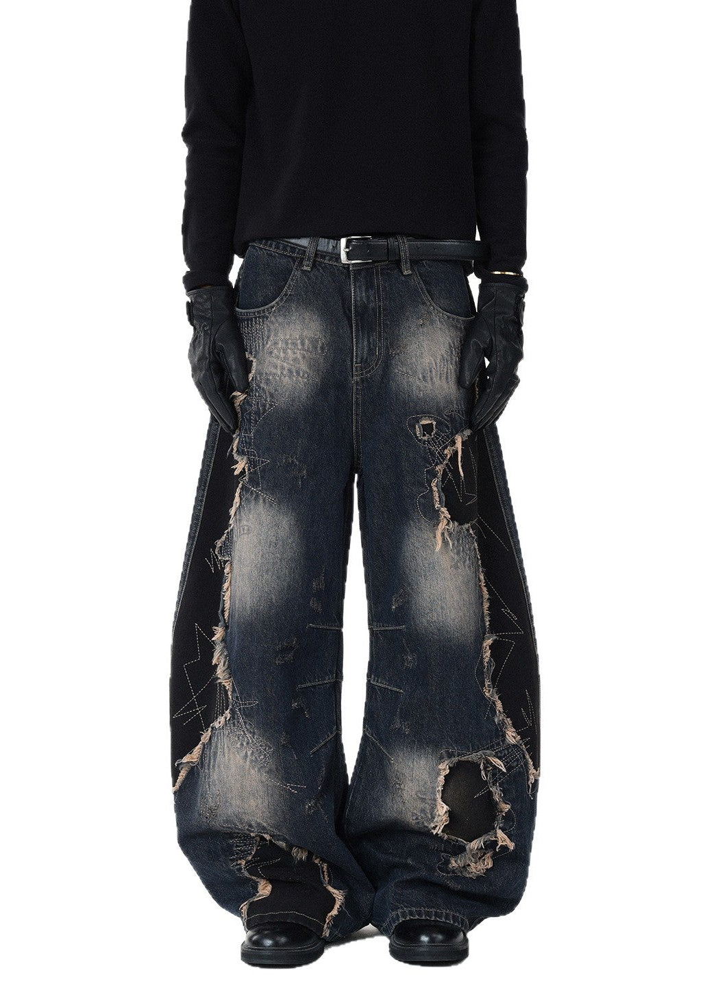 Distressed Raw-Edge Patchwork Curved Wide-Leg Jeans