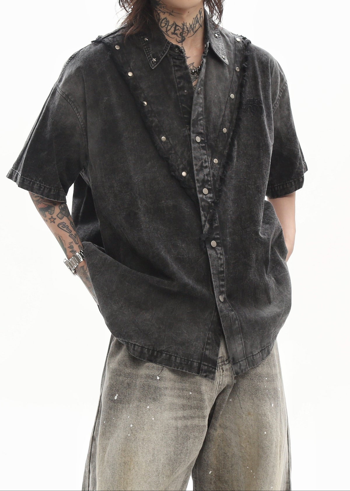 Studded Heavyweight Denim Short-Sleeve Shirt