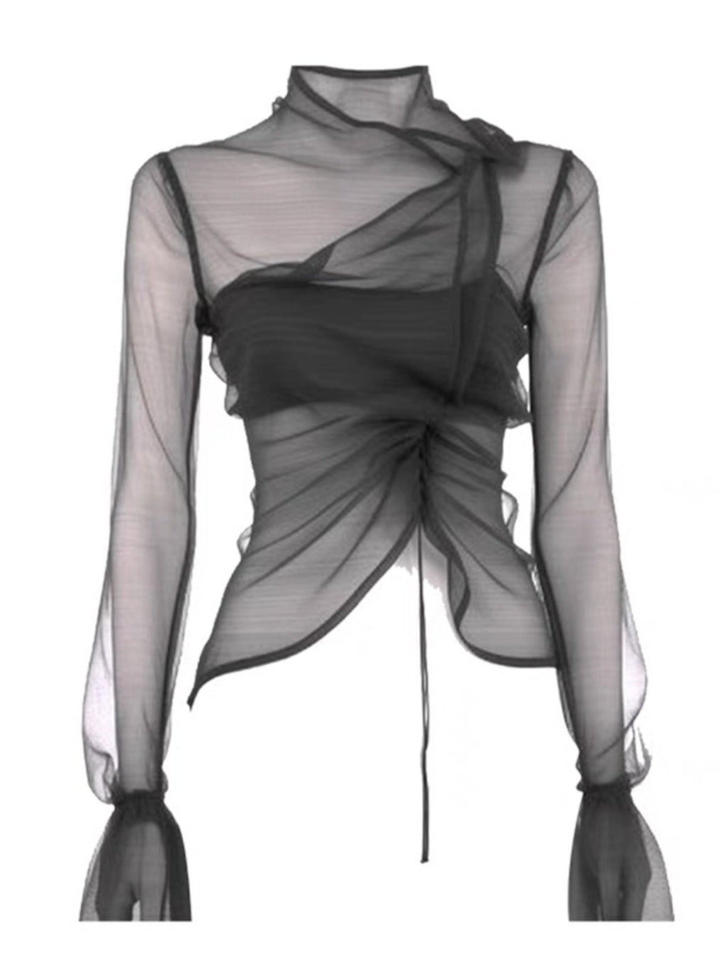 Asymmetrical Ruched Mesh Layered Crop Top