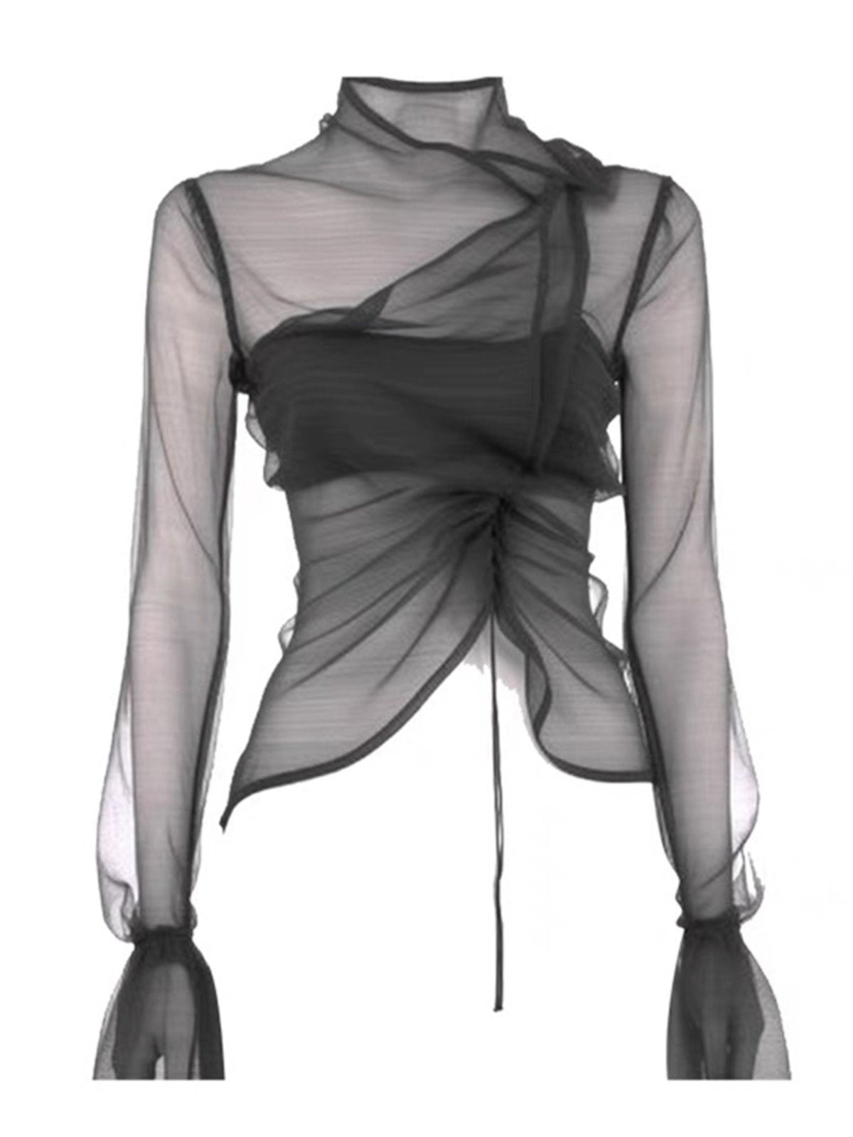 Asymmetrical Ruched Mesh Layered Crop Top