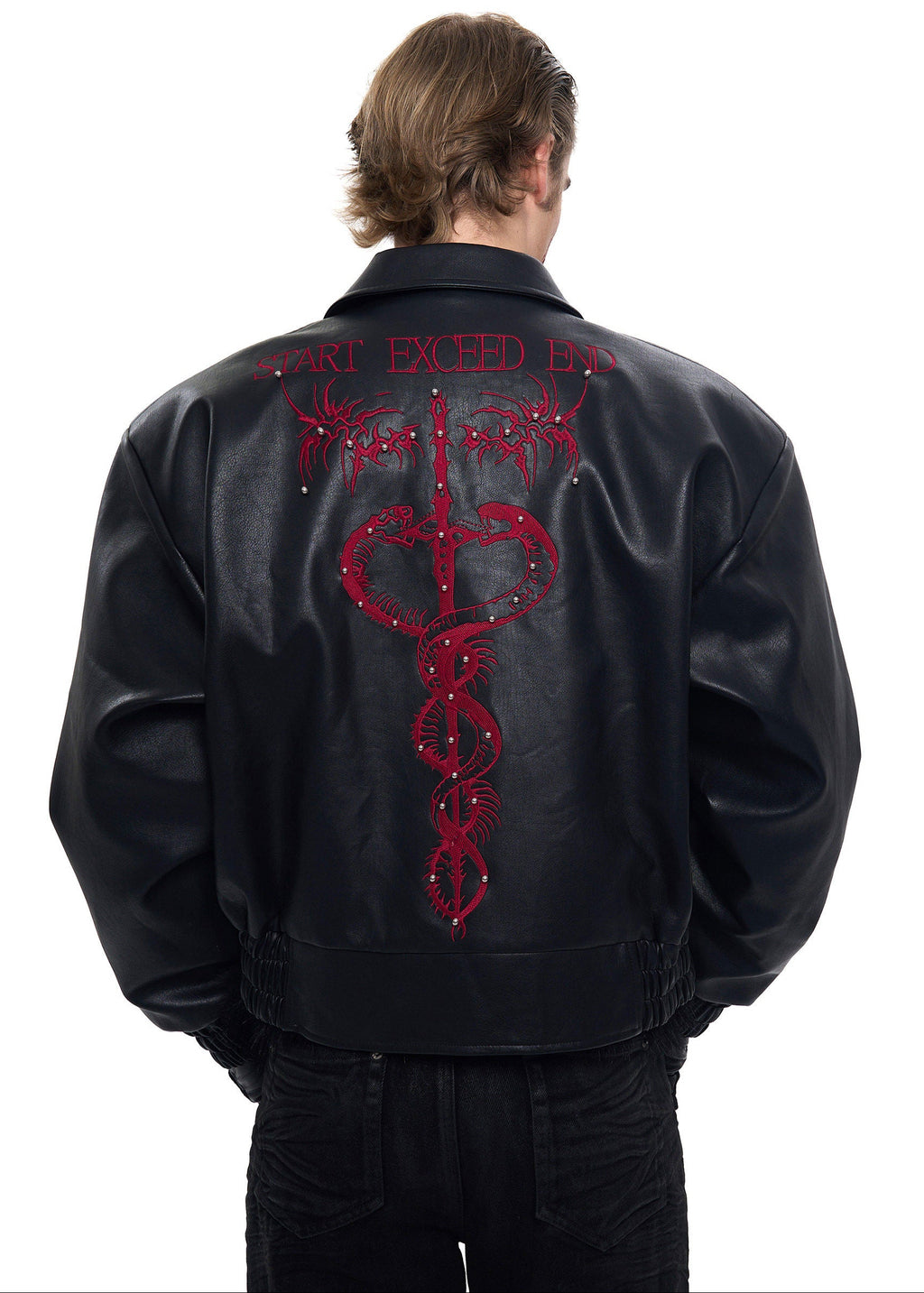 Thorn Embroidered Faux Leather Biker Jacket