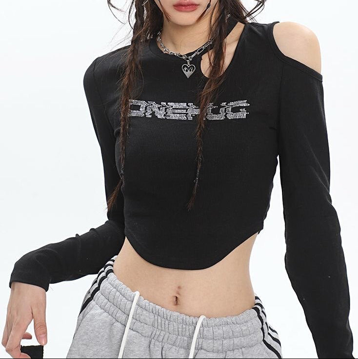 Y2K Asymmetric Cut-Out Long Sleeve Crop Top