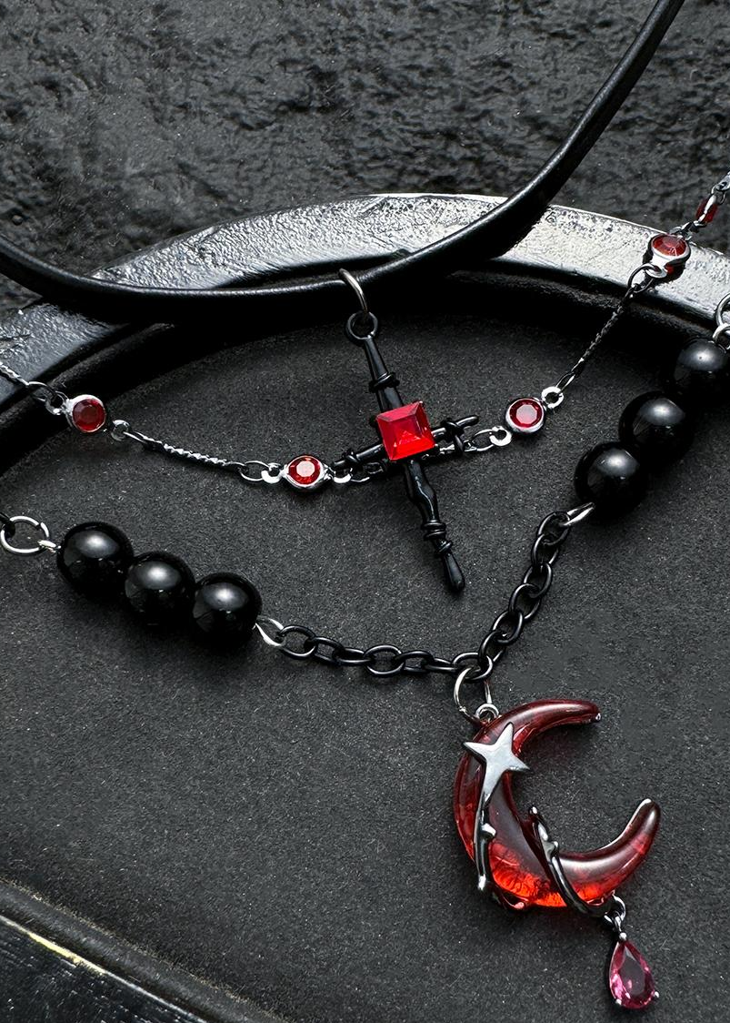 Layered Scarlet Moon & Cross Gothic Necklace