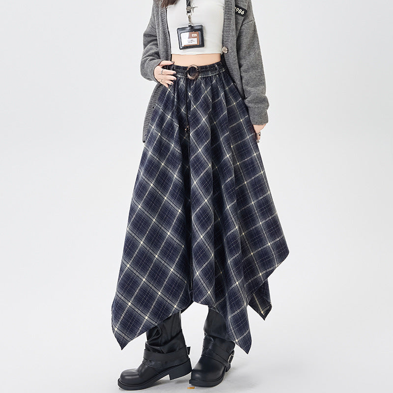 Asymmetric Plaid Grunge Midi Skirt