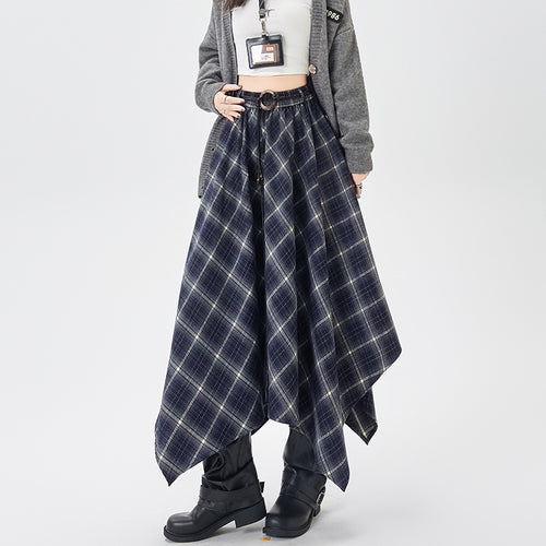 Asymmetric Plaid Grunge Midi Skirt