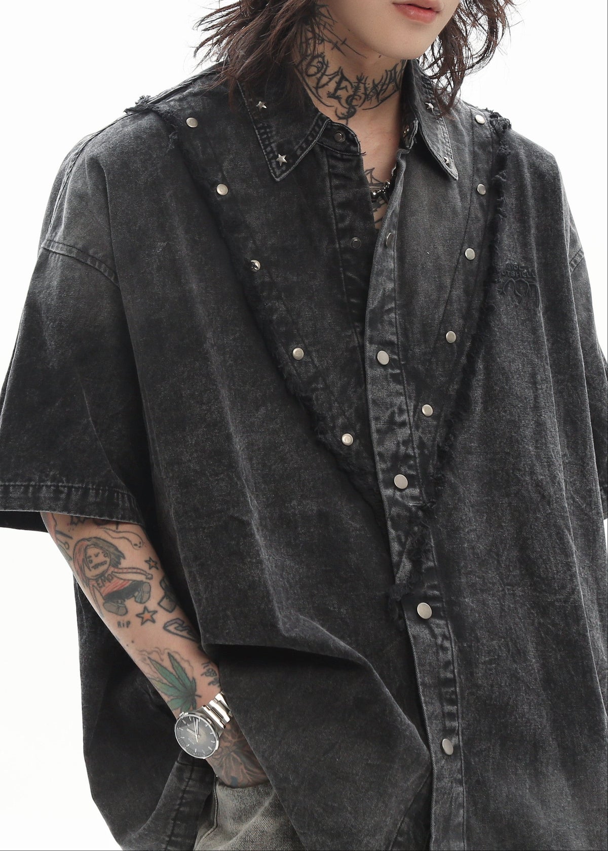 Studded Heavyweight Denim Short-Sleeve Shirt
