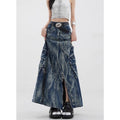 Cyber-Cargo Distressed Denim Maxi Skirt