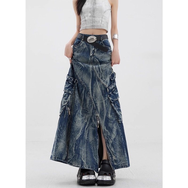 Cyber-Cargo Distressed Denim Maxi Skirt