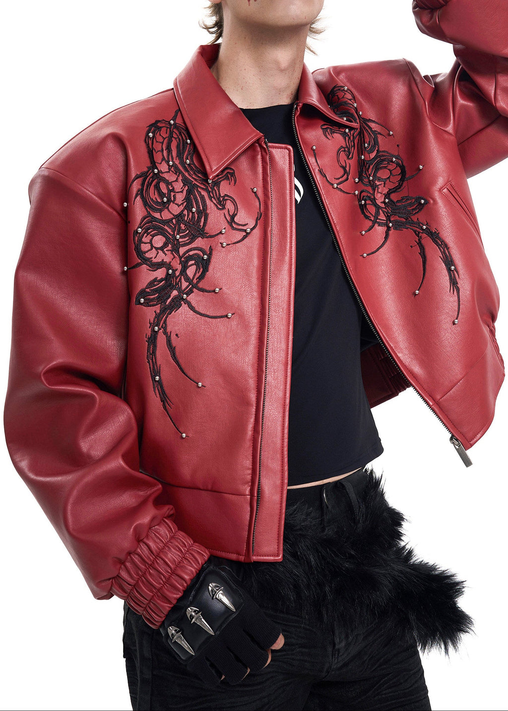 Thorn Embroidered Faux Leather Biker Jacket