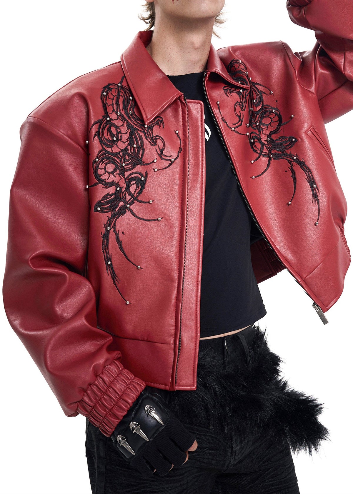 Thorn Embroidered Faux Leather Biker Jacket