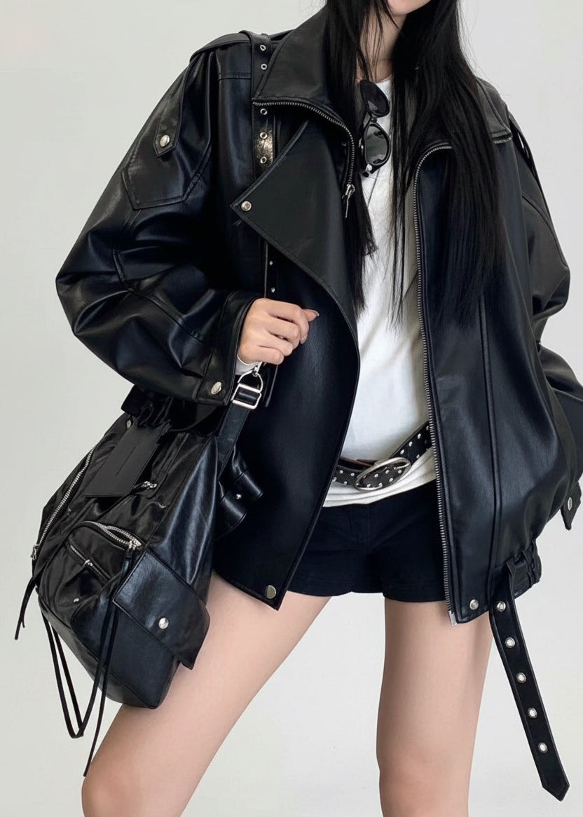 Retro Belted Aviator PU Leather Bomber